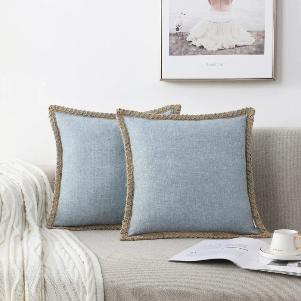 Blue LINEN Pillow Covers with Tan BURLAP Trim SQUARE 18x18” (2-Pack)